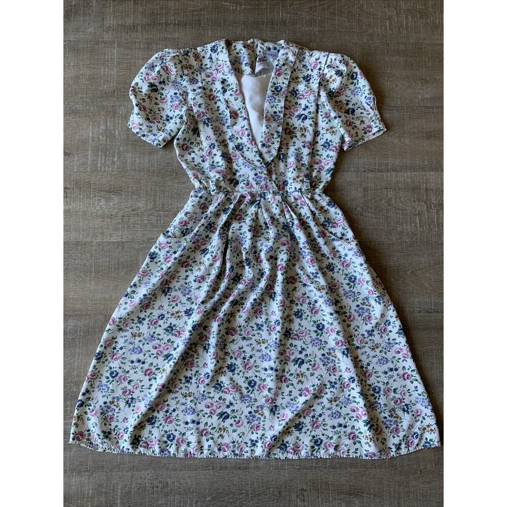 Vintage Periwinkle Floral Midi Dress Womens A-Line Puff Sleeve Belt Cottagecore - Picture 6 of 12